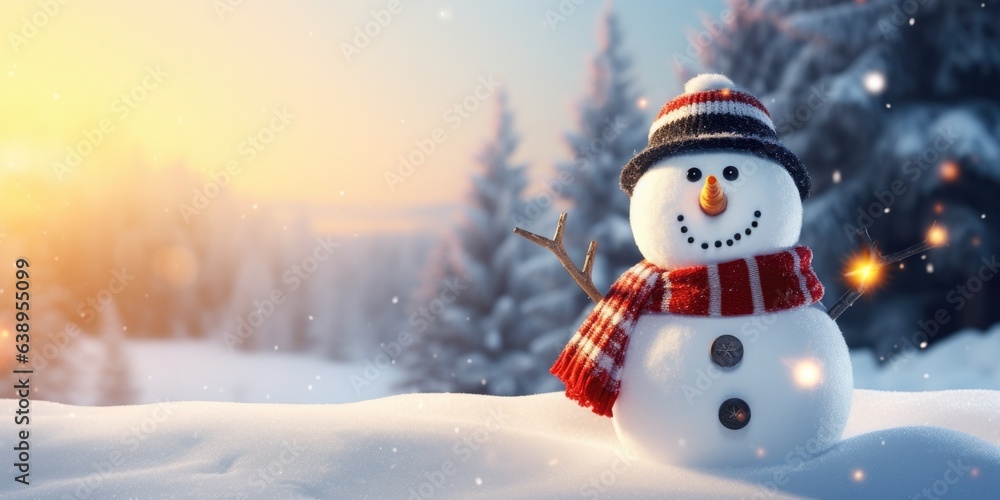 Merry Christmas and happy new year concept, Happy snowman standing in Christmas winter background, Copy space, generative ai