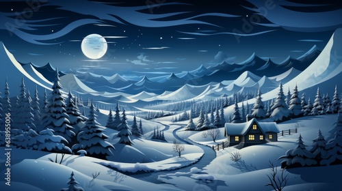 Under the full moon's light, a cozy house stands tall in a wintry landscape, surrounded by nature's tranquil beauty and an anime-inspired atmosphere