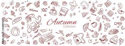 Hello Autumn collection with fall symbols. Set of autumn elements: leaves, coffee, tea, sweater, boots, vegetables, mushrooms. Hand-drawn Vector illustration in doodle sketch style.