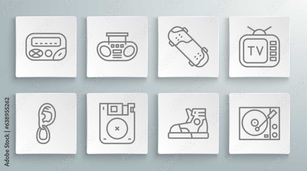 Set line Ear with earring, Home stereo two speakers, Floppy disk, Sport sneakers, Vinyl player, Skateboard trick, Retro tv and Pager icon. Vector Set line Ear with earring, Home stereo two speakers, Floppy disk, Sport sneakers, Vinyl player, Skateboard trick, Retro tv and Pager icon. Vector