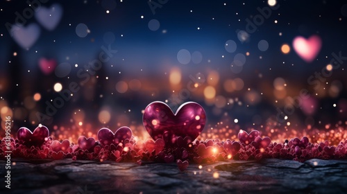 A romantic  twinkling night sky is illuminated by the passionate magenta light of a gathering of hearts  creating a dreamy outdoor atmosphere
