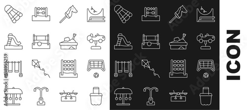 Set line Sand in bucket, Soccer goal with ball, Swing car, Toy horse, Volleyball net, Kid slide, Badminton shuttlecock and Sandbox sand icon. Vector