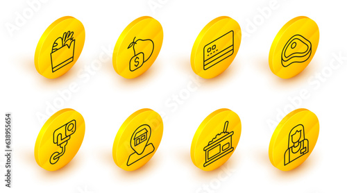 Set line Seller, Tin can with caviar, Location Market store, Security camera, Steak meat, Credit card, Price tag for pear and Shopping bag and food icon. Vector