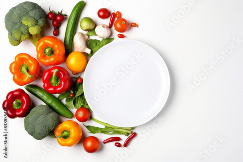 A beautiful background or set of fresh vegetables with an empty white plate with space for inscriptions  logo or product. generative ai 