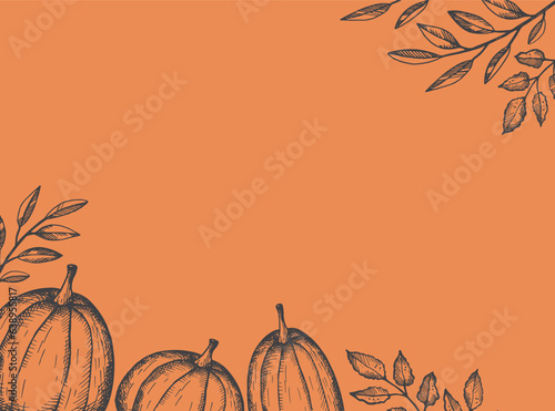 Autumn background template with pumpkins and autumn plants vector illustration for banner, greeting card, polygraph, label. Backdrop for Thanksgiving Day, Halloween and fall holidays. Design element 
