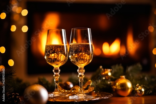 Sparkling wine  proseco or champagne in front of a fireplace on a holiday eve celebration  Merry Christmas  Happy New Year and Happy Holidays