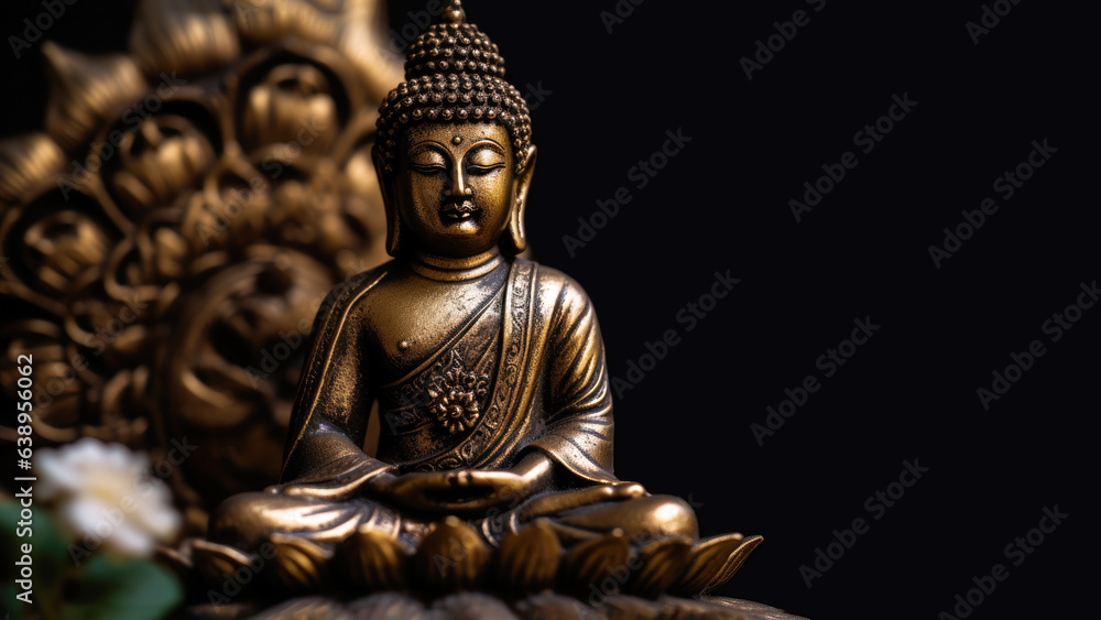 Buddha golden, Brass statue decorated with lotus blossoms on a black background. Meditation and zen concept. Banner. Copy space Buddha golden, Brass statue decorated with lotus blossoms on a black background. Meditation and zen concept. Banner. Copy space
