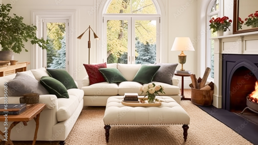 Fototapeta premium Interior design, home decor, sitting room and living room, white sofa and furniture in English country house and elegant cottage style
