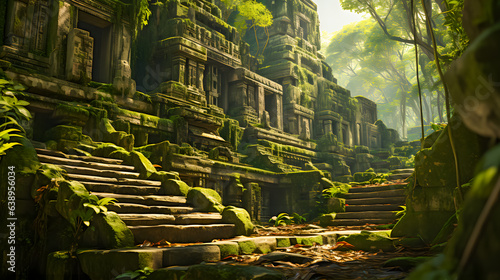 a lost overgrown temple in the jungle (Generative AI) photo