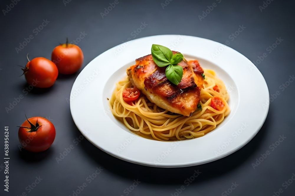 Delicious chicken and pasta dish placed on sleek gray background Delicious chicken and pasta dish placed on sleek gray background