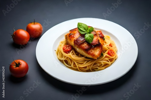 Delicious chicken and pasta dish placed on sleek gray background