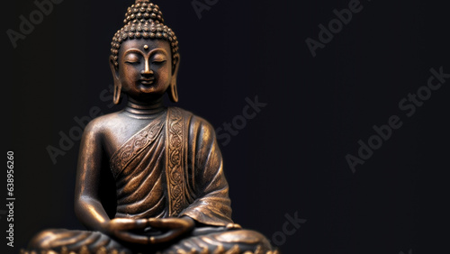 Buddha golden, Brass statue on a black background. Meditation and zen concept. Banner. Copy space