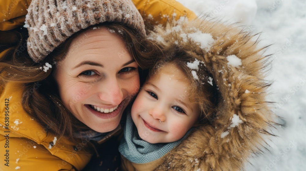 Mother and daughter lie in the snow. Generative AI Mother and daughter lie in the snow. Generative AI