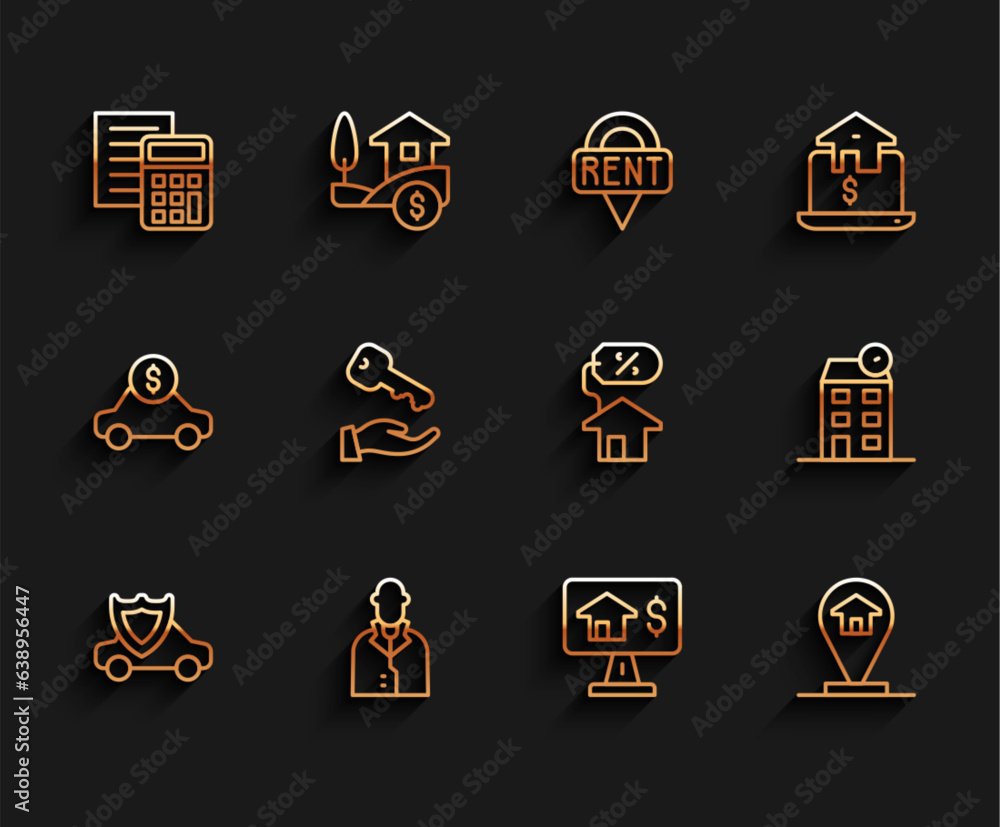 Set line Car with shield, Realtor, Calculator, Online real estate, Location house, House key, and percant icon. Vector Set line Car with shield, Realtor, Calculator, Online real estate, Location house, House key, and percant icon. Vector