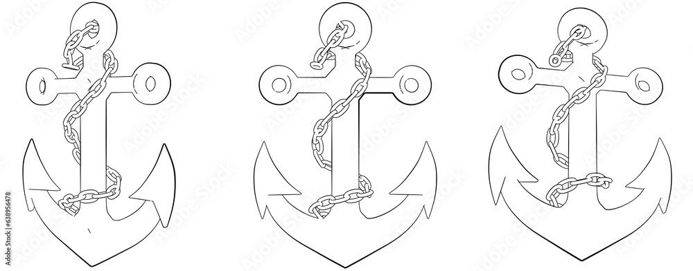 Line art depictions of a metal anchor are presented against a clear backdrop, accompanied by a gracefully draped chain.