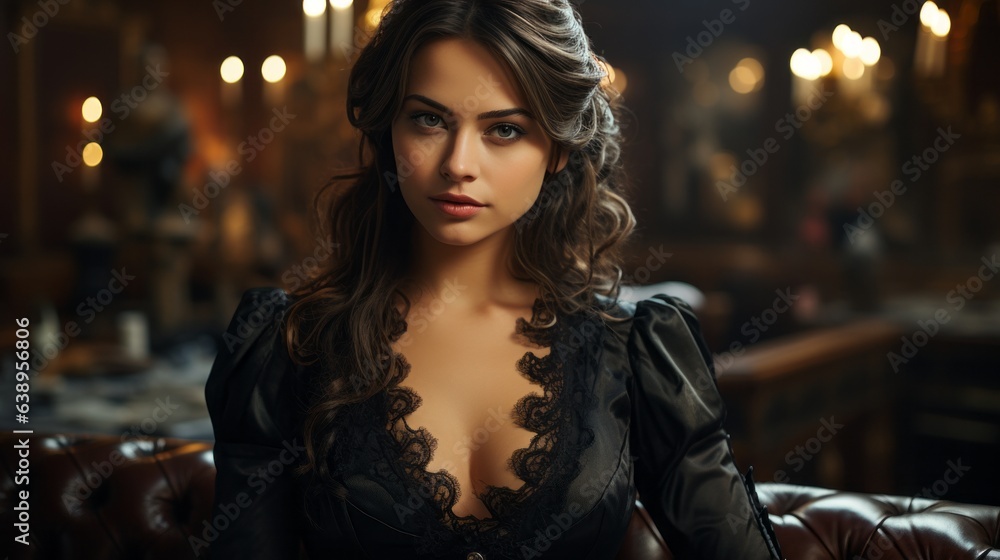 A mysterious woman draped in a sleek black dress strikes a captivating pose in a dimly lit room, her face illuminated by a single flickering candle A mysterious woman draped in a sleek black dress strikes a captivating pose in a dimly lit room, her face illuminated by a single flickering candle