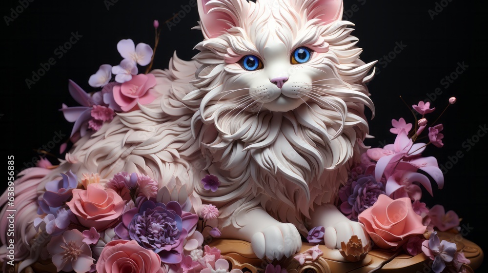 A majestic white cat statue with bright, vibrant flowers sits regally indoors, bringing a sense of warmth and joy to its surroundings A majestic white cat statue with bright, vibrant flowers sits regally indoors, bringing a sense of warmth and joy to its surroundings