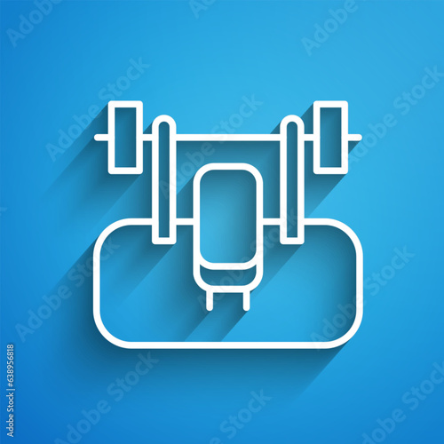 White line Bench with barbel icon isolated on blue background. Gym equipment. Bodybuilding, powerlifting, fitness concept. Long shadow. Vector