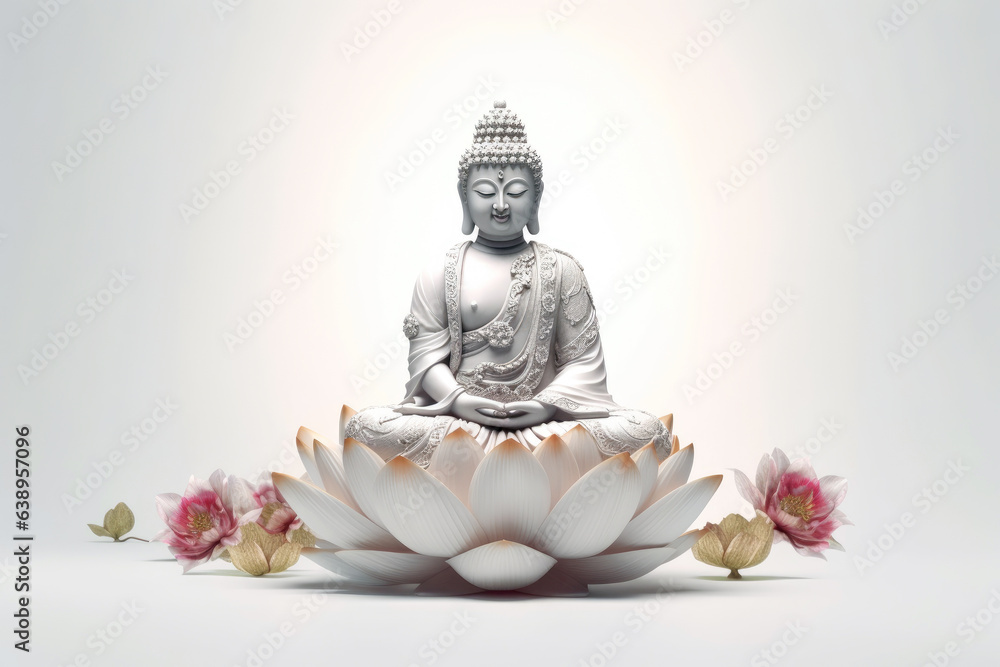 Buddha figurine among lotus flowers in 3d style. Aromatherapy and meditation concept. Copy space