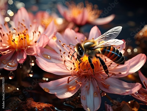 Honey bee collecting nectar from flowers in water, closeup, 3d rendered.