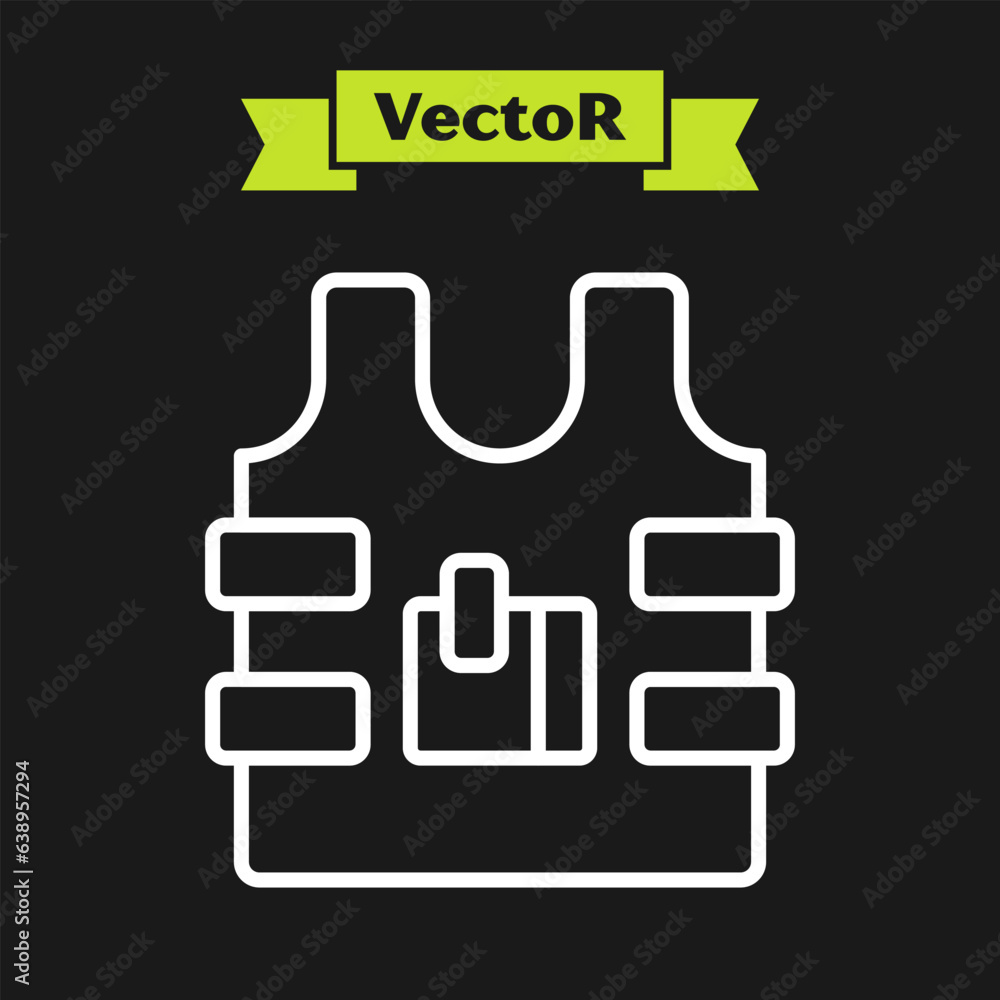 Obraz premium White line Bulletproof vest for protection from bullets icon isolated on black background. Body armor sign. Military clothing. Vector