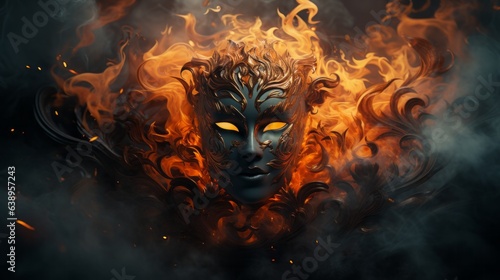 A fiery mask illuminates the night, setting the scene ablaze with its blazing beauty