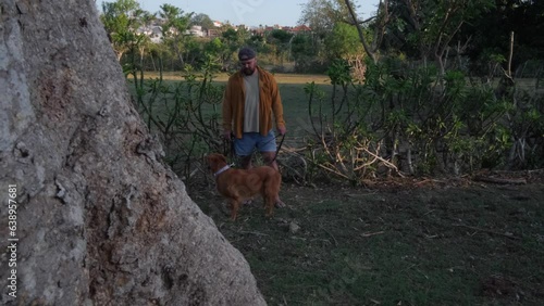 Dog walker with a golden retriever on a leash. The dog listens to the command to sit. Outdoor training in the dog park. A young man is talking to a dog. photo