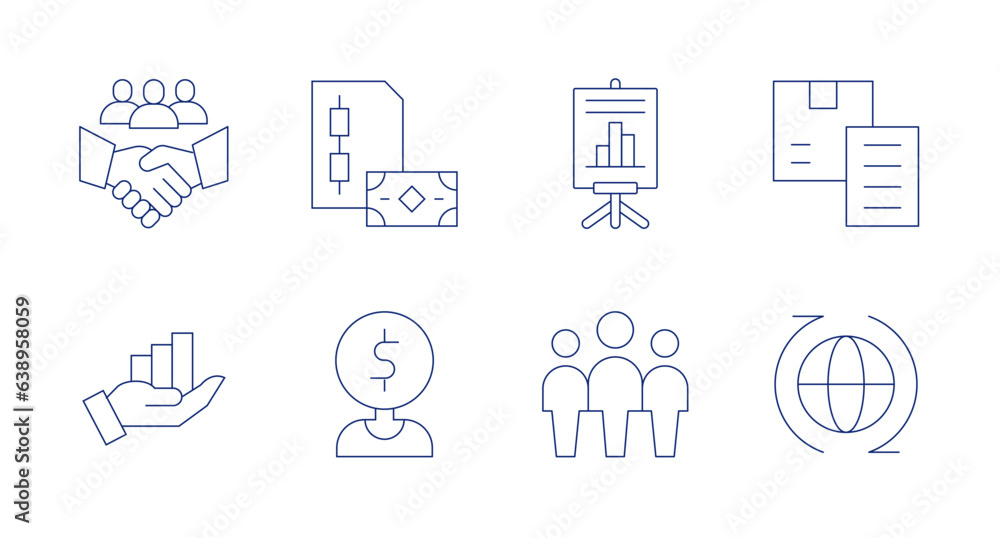 Business icons. editable stroke. Containing handshake, cryptocurrency, training, receipt, growth, lead, team leader, economy.