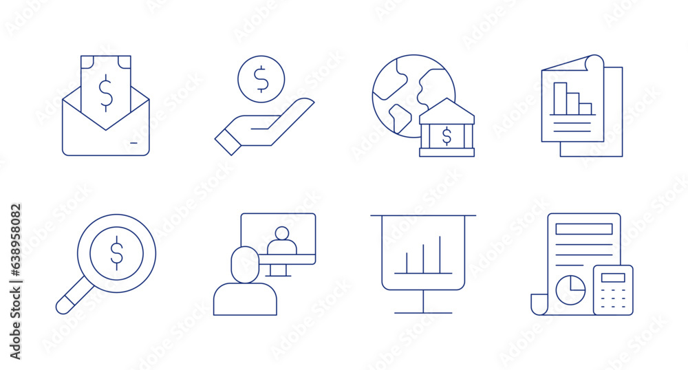 Business icons. editable stroke. Containing pension, payment, increase, analysis, dollar, online conference, accounting.