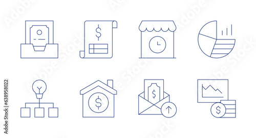 Business icons. editable stroke. Containing document, invoice, shop, pie chart, data, family, salary, personal.