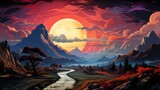 A vibrant painting depicting an outdoor landscape of majestic mountains, a peaceful river, and a beautiful, fiery sunset that fills the sky with an ethereal mix of clouds and nature