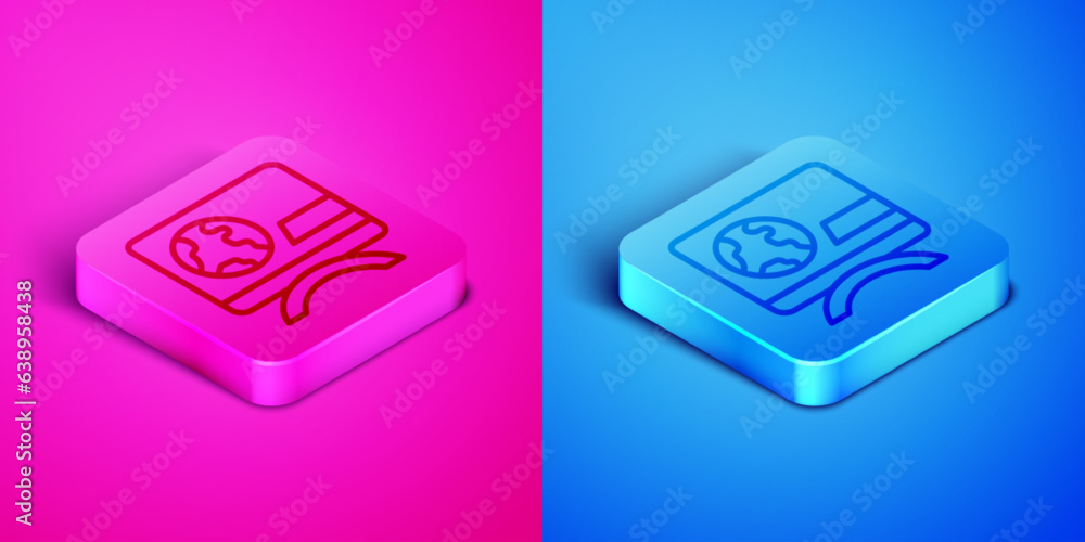 Isometric line Breaking news icon isolated on pink and blue background. News on television. News anchor broadcasting. Mass media. Evening news. Square button. Vector Isometric line Breaking news icon isolated on pink and blue background. News on television. News anchor broadcasting. Mass media. Evening news. Square button. Vector