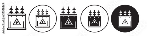 Electric Transformer Icon. Symbol of high voltage current power transmission sub station distribution channel on wire cable. Vector set of electricity transfer supply by industrial grid 