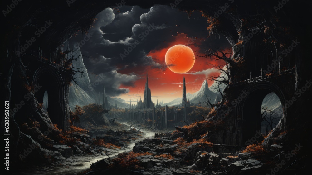 An awe-inspiring landscape of rugged mountains, a winding road, and a blazing red sun offers a wild escape to a mysterious cave in the depths of nature An awe-inspiring landscape of rugged mountains, a winding road, and a blazing red sun offers a wild escape to a mysterious cave in the depths of nature