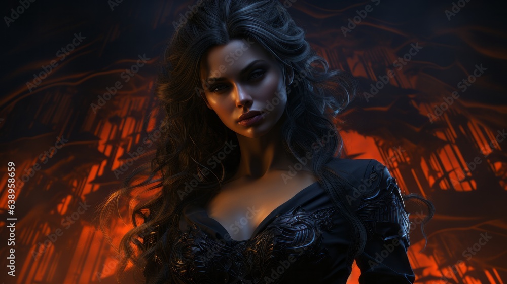 A mysterious woman in a gothic-inspired black dress exudes a captivating dark elegance with her long, wild hair