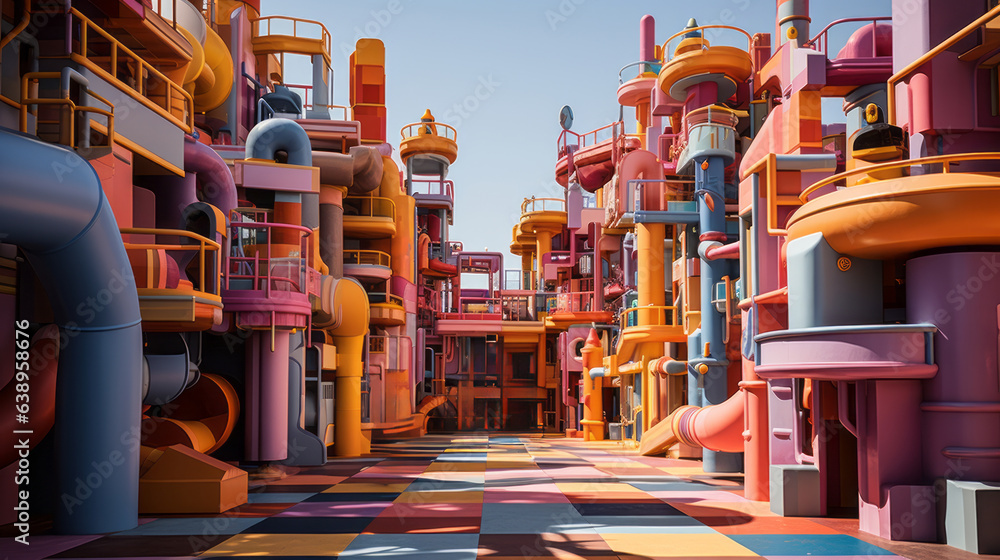 Fototapeta premium A vibrant cityscape with geometric shapes, a kaleidoscope of color and energy, embracing the warmth of the sun and the energy of the street