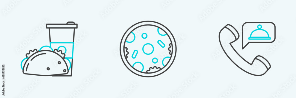 Set line Food ordering, Paper glass and taco with tortilla and Pizza icon. Vector Set line Food ordering, Paper glass and taco with tortilla and Pizza icon. Vector