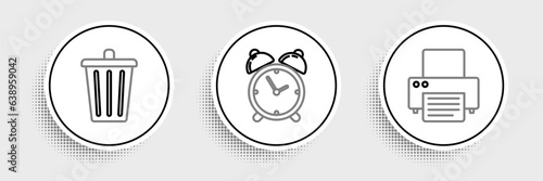 Set line Printer, Trash can and Alarm clock icon. Vector