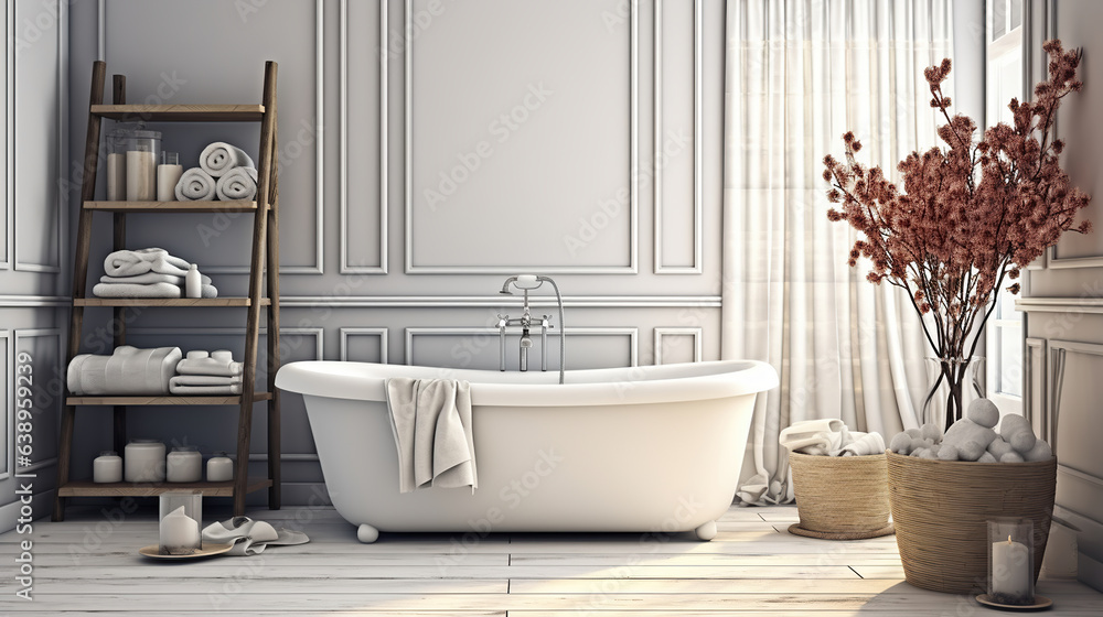 Fototapeta premium White bathroom with bathtub, parquet, and decorations, over white table top or shelf with straws, dry plants, ornament, ears, sheaf, and branch in vase. Generative AI