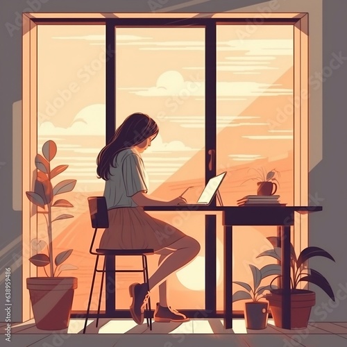 Designer girl working on a laptop realistic illustration art on a work desk beside window generative ai