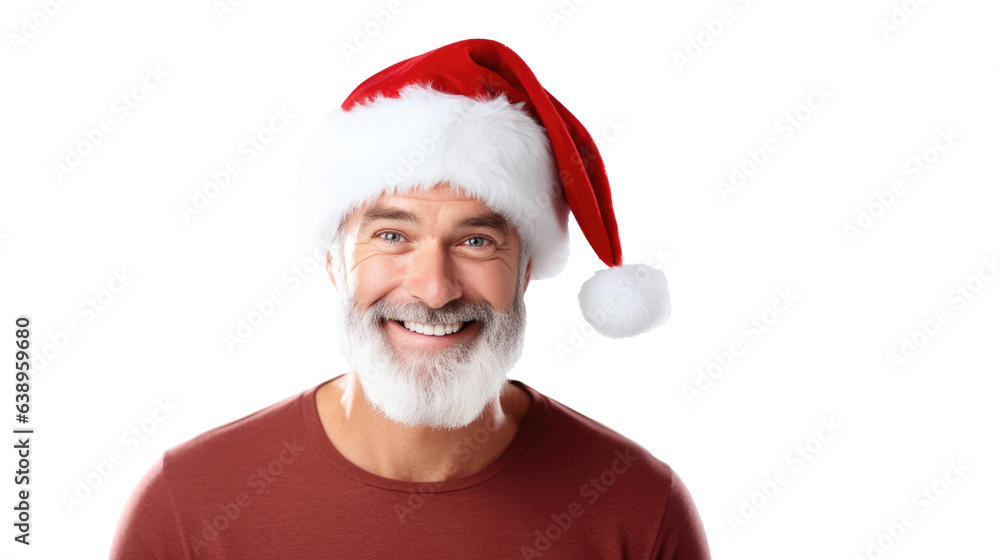 portrait of man wearing a Santa hat and a beard, smiling mature man, red christmas sweater on white background, AI portrait of man wearing a Santa hat and a beard, smiling mature man, red christmas sweater on white background, AI