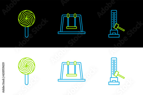 Set line High striker attraction with big hammer, Lollipop and Swing icon. Vector