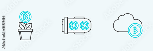 Set line Cryptocurrency cloud mining, Bitcoin plant the pot and Mining farm icon. Vector