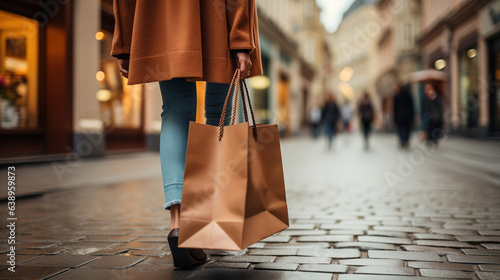 Woman`s hand holding shopping bags while walking on the street