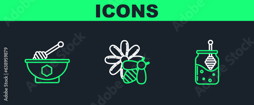 Set line Jar of honey and honey dipper stick, Honey bowl and Bee flower icon. Vector