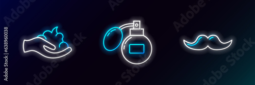 Set line Mustache, Shaving gel foam on hand and Aftershave icon. Glowing neon. Vector