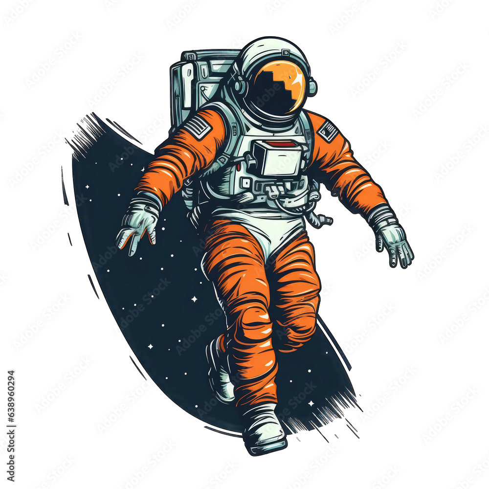 Astronaut flying through space retro vector illustration, in the style of detailed crosshatching, dark white and dark orange, detailed painting isolated on transparent background png - Generative AI