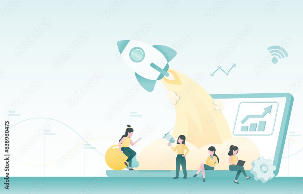 Business startup ideas concept. Rocket launching upward. Business people working together and make plans to achieve goals. Management, improvement and development on data analysis, tactical plans. Business startup ideas concept. Rocket launching upward. Business people working together and make plans to achieve goals. Management, improvement and development on data analysis, tactical plans.