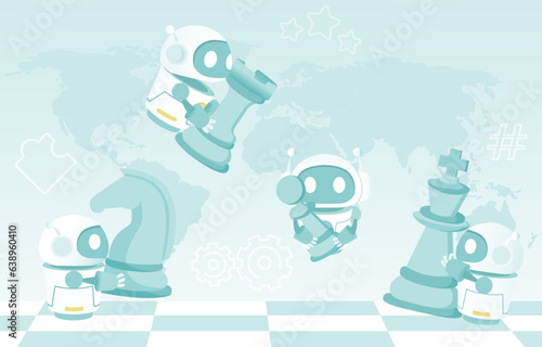 Artificial Intelligence (AI) technology and strategy management. Collaboration, tactical planning, solving problem, competition, opportunity, goals, target to achieve success. Vector illustration. 