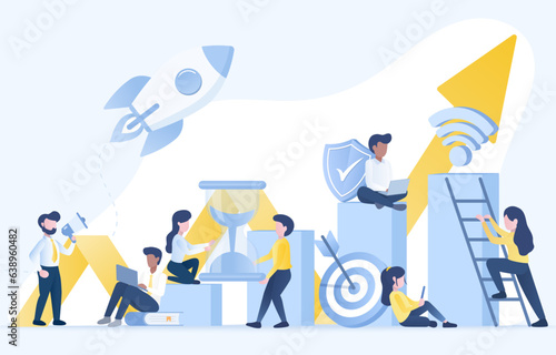 Business startup ideas concept. Activity of business people strategy planning, tactical management, competition, opportunity and goals business. Flat vector design illustration.